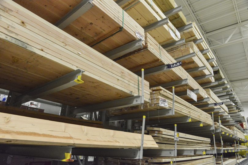 Ross Technology Industrial Storage Cantilever Racking Systems in Lowe's retail lumber section.